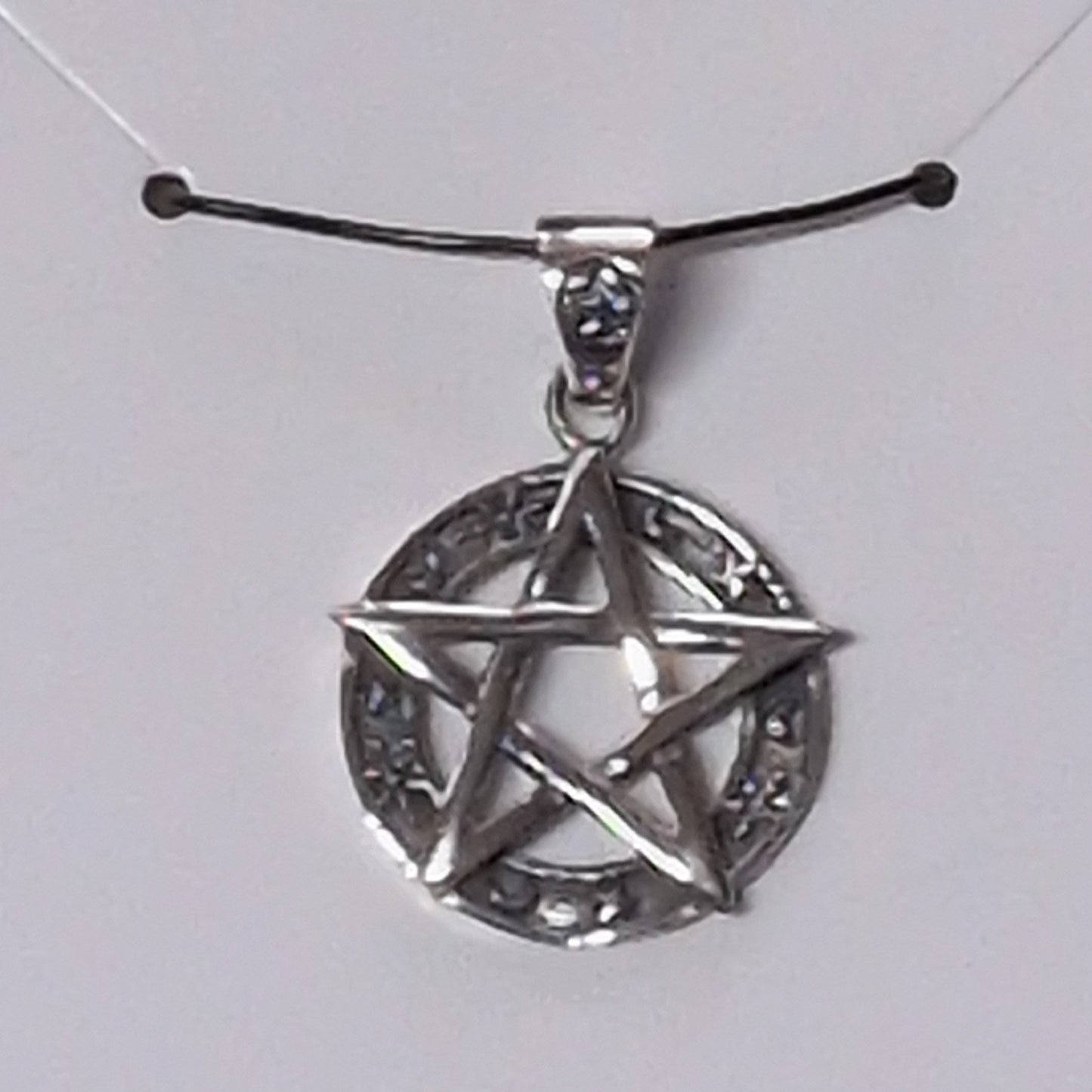 Pentacle on Ribbed Circle Sterling Silver Pendant