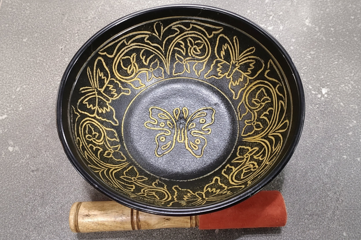 Black Aluminum Butterfly Singing Bowl 7"D W/ Yellow inlay