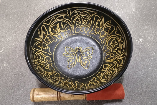 Black Aluminum Butterfly Singing Bowl 7"D W/ Yellow inlay