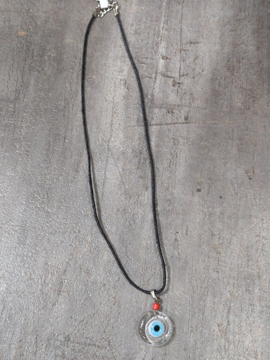Evil Eye Talisman Clear or Blue glass with black leather Cord- Assorted color bead 18" w/ extender clasp