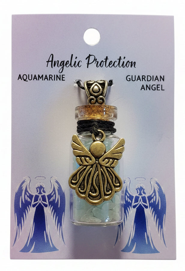 Gemstone Chip Bottle Neclace - Aquamarine w/ Angel