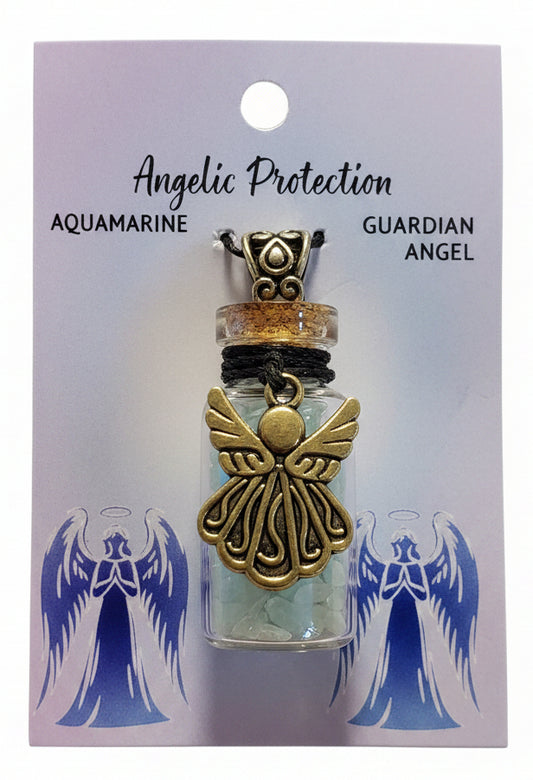 Gemstone Chip Bottle Neclace - Aquamarine w/ Angel