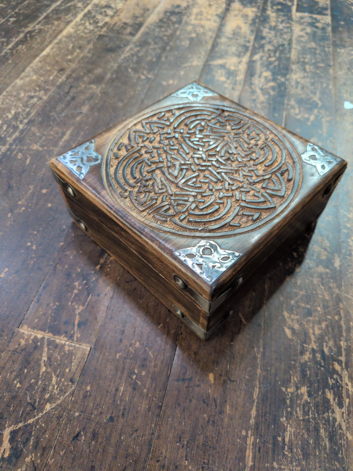 Square Celtic Moon chest with metal accents