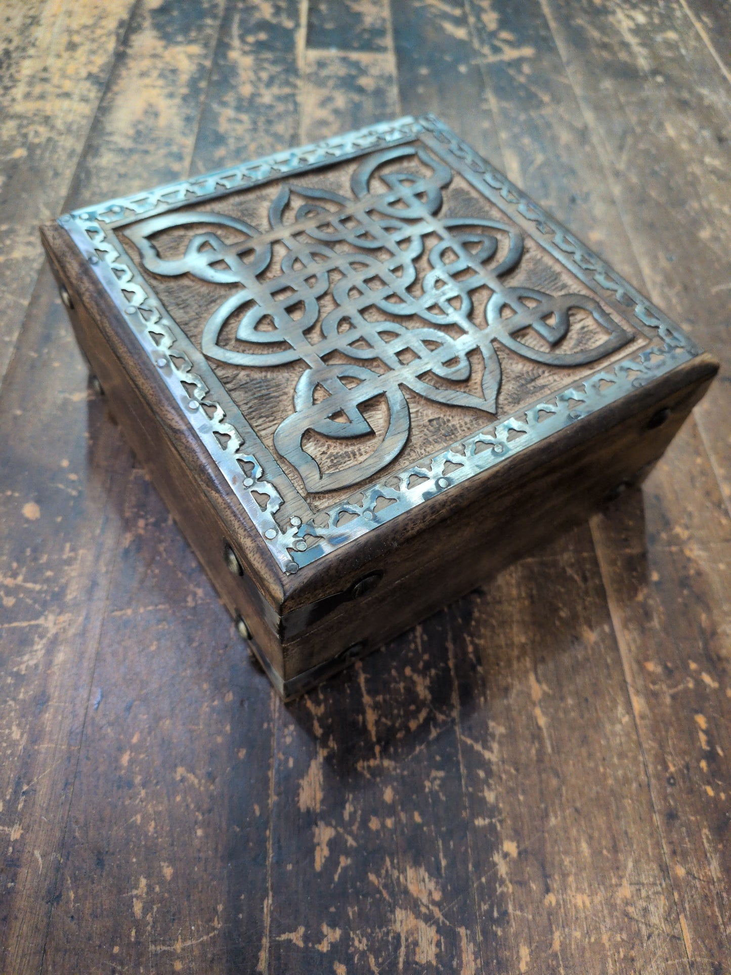 Square Celtic knot carved wood box w/. Metal accents