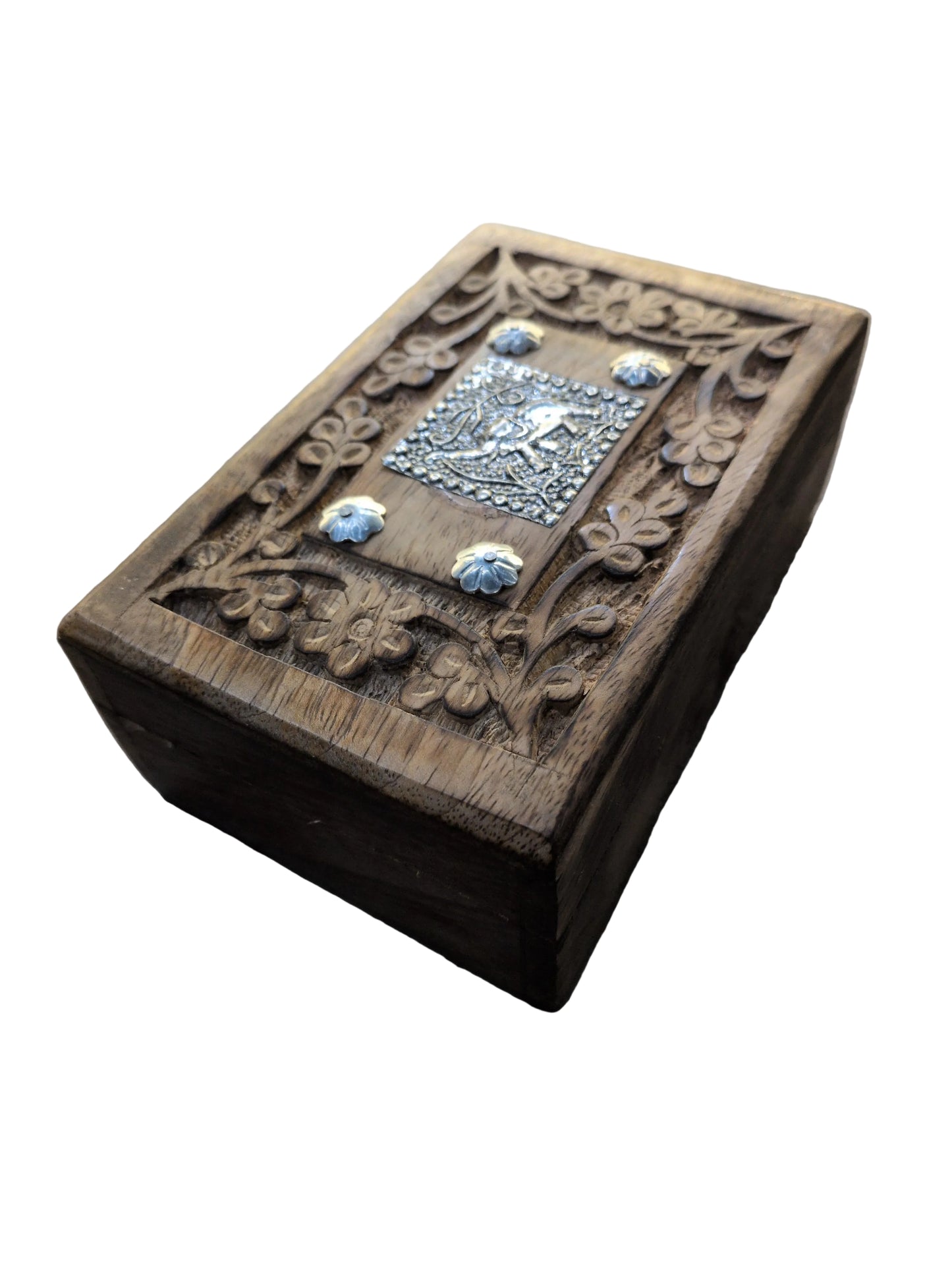 Hand carved wood Tarot storage box w/ punched steel Elephant