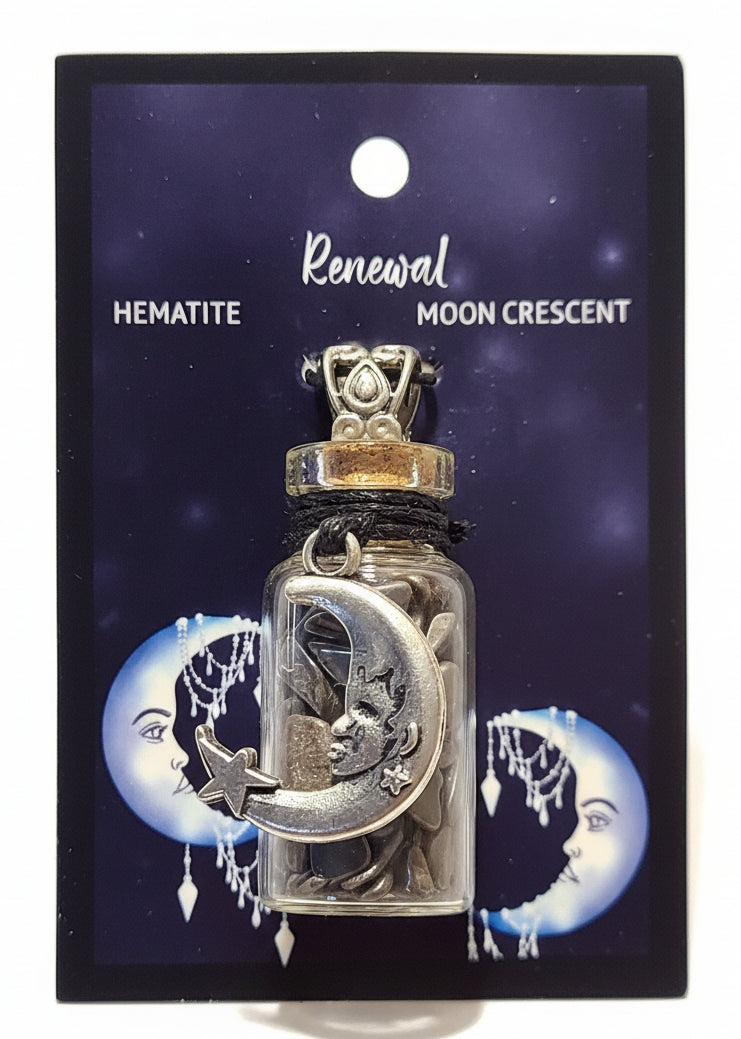 Gemstone Chip Bottle Necklace - Hematite w/Cresent Moon