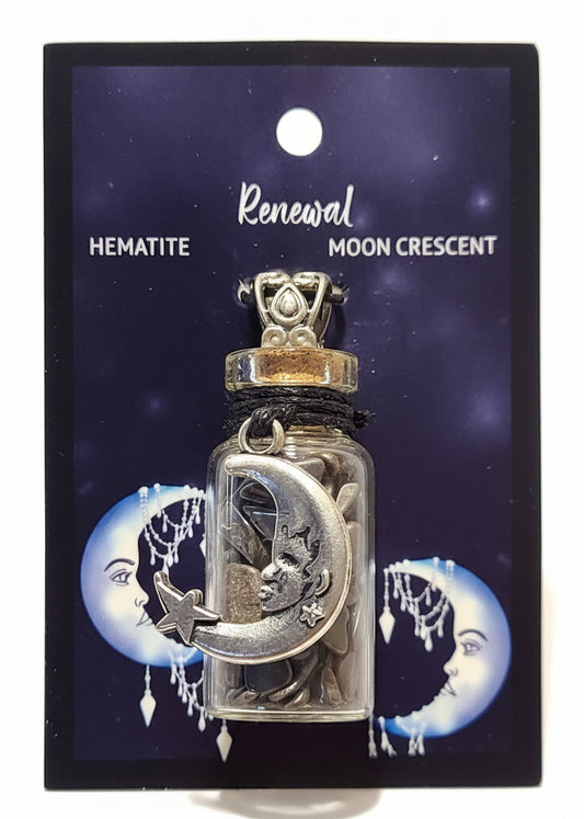 Gemstone Chip Bottle Necklace - Hematite w/Cresent Moon