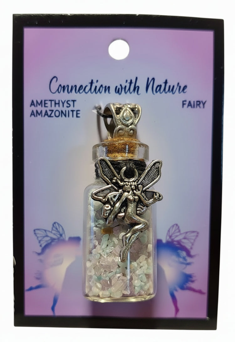 Gemstone Chip Bottle Necklace - Amethyst & Amazonite w/Fairy