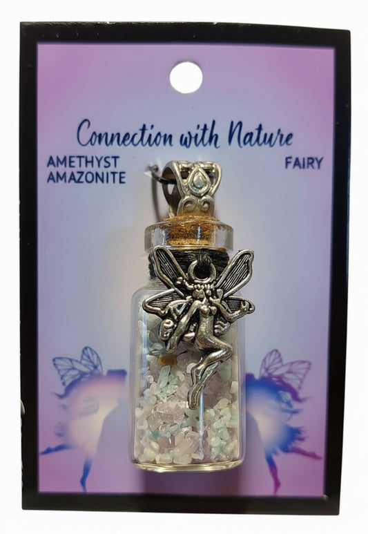 Gemstone Chip Bottle Necklace - Amethyst & Amazonite w/Fairy