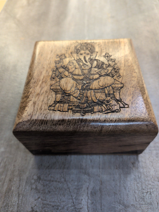 Square machine carved Ganesh wood box