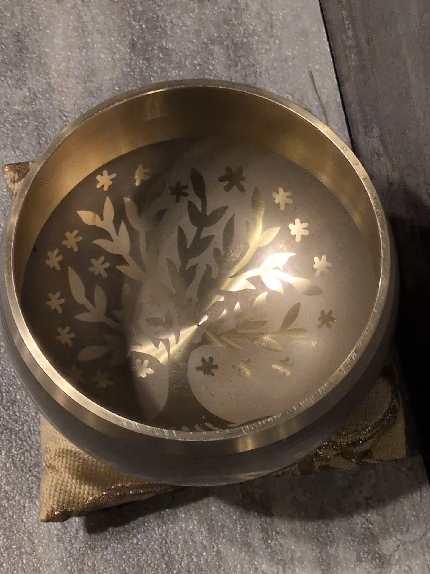 4" Machine Carved Tree of Life Brass Tibetan Singing Bowl w/ pillow & striker
