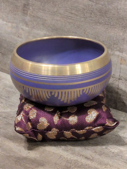 4" Flower of Life Purple Painted Brass Tibetan Singing Bowl w/ pillow & striker