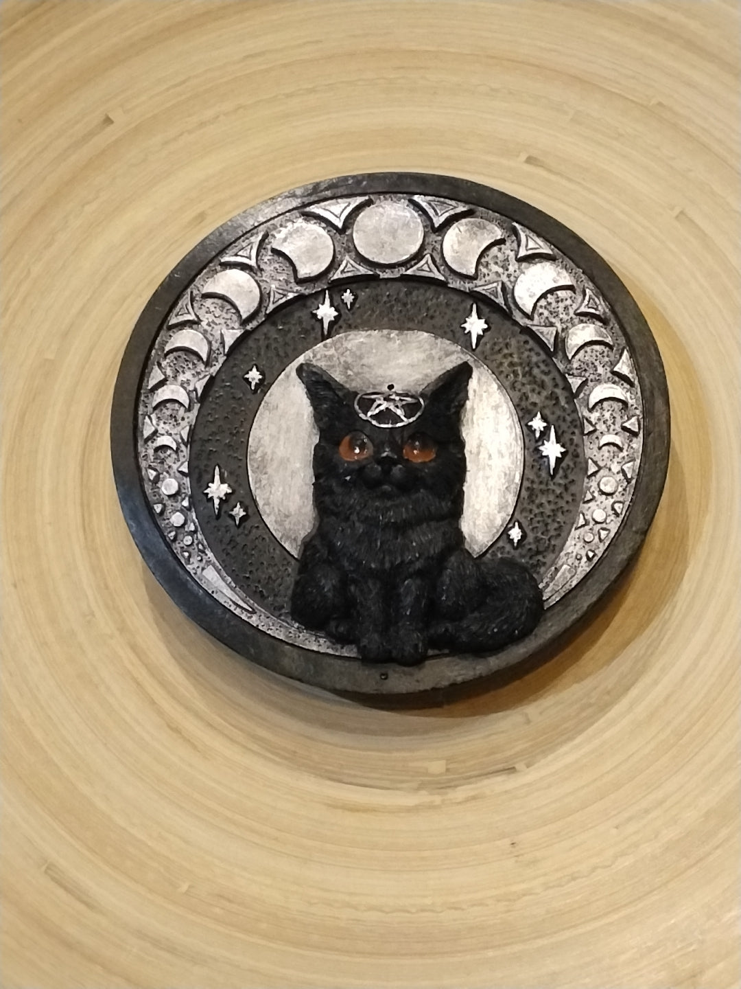 Black Cat w/ Pentacle on forehead surrounded by Lunar Phases Incense burner