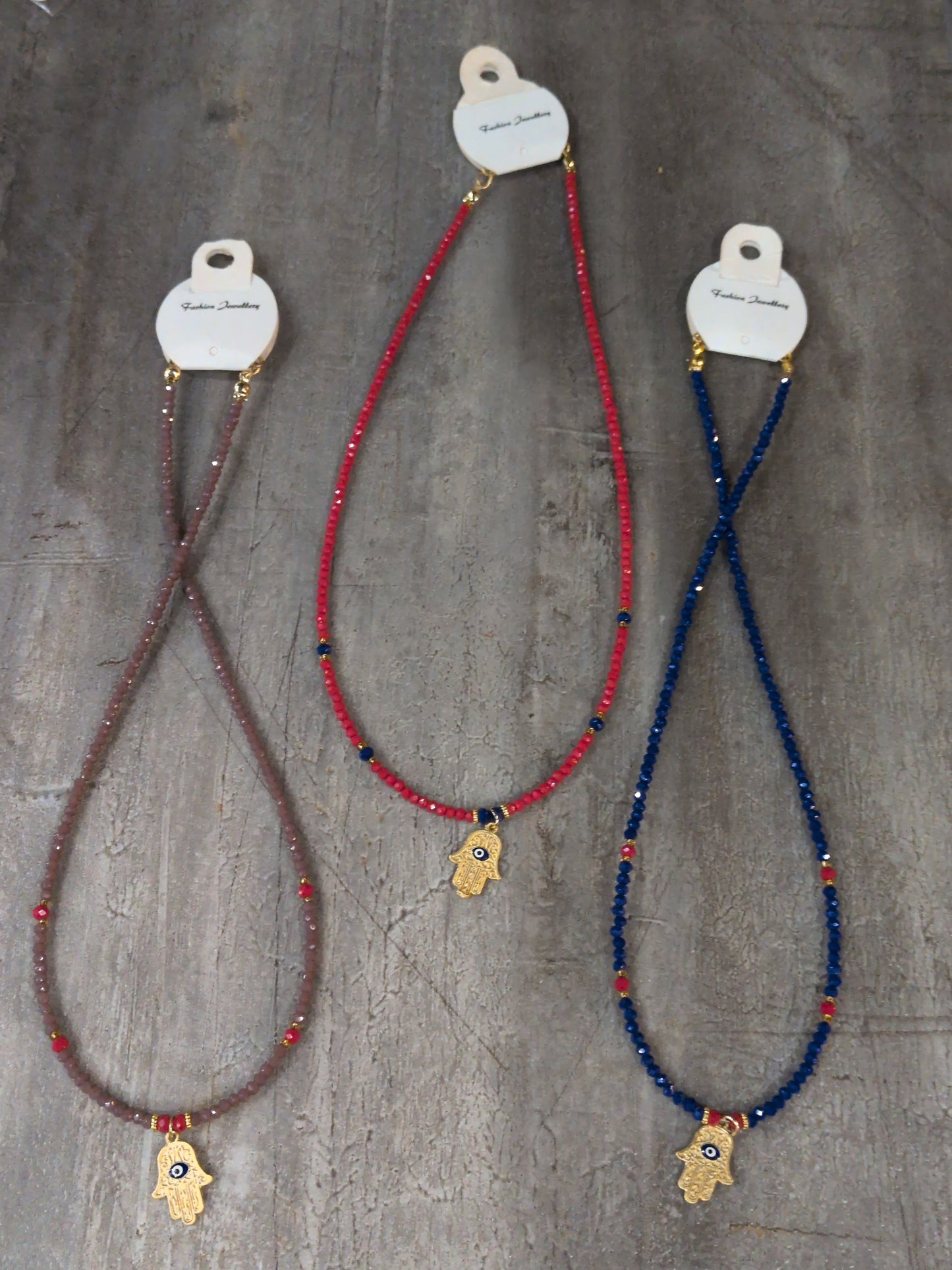 Small Beaded necklace w/ Fatima Hand charm -Assorted colors