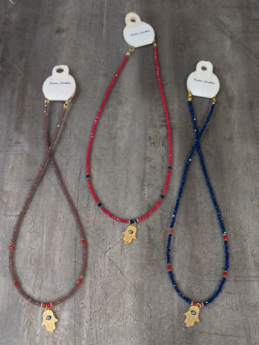 Small Beaded necklace w/ Fatima Hand charm -Assorted colors