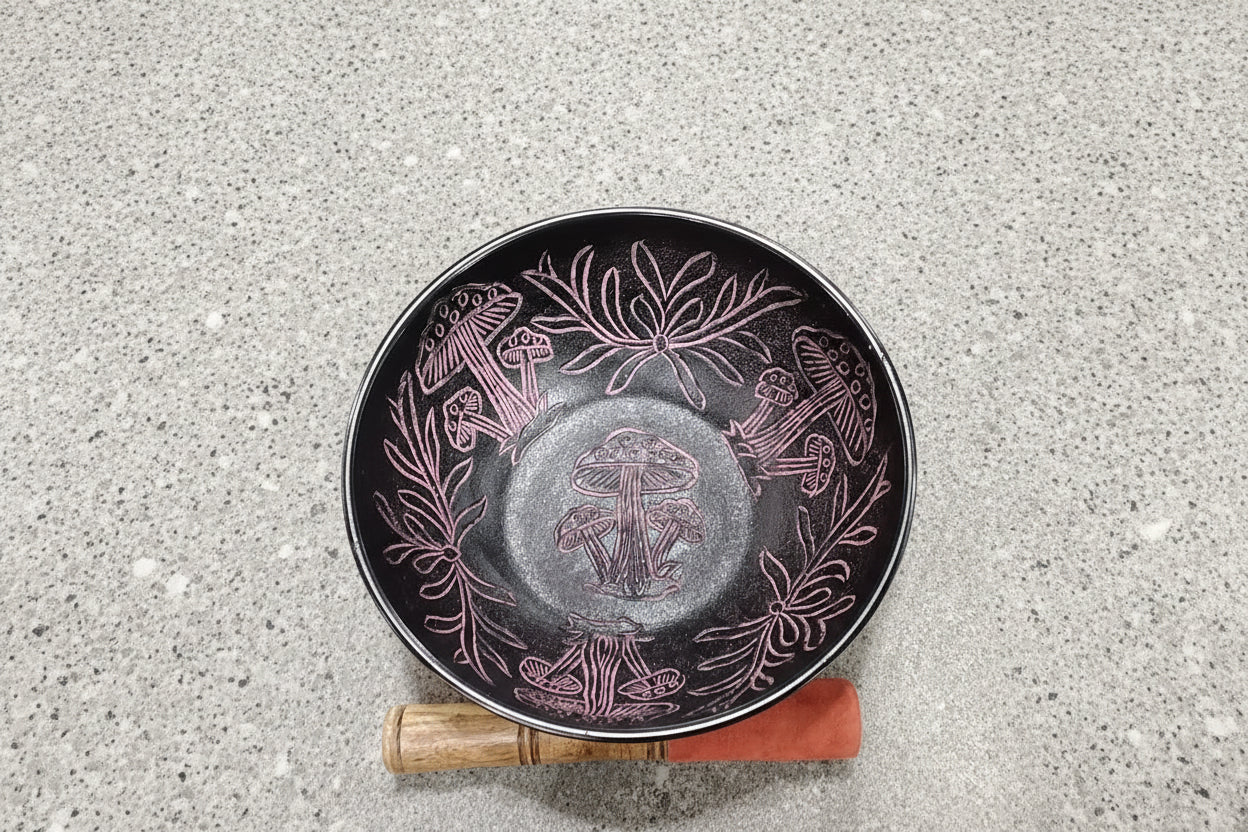 Black Aluminum Singing Bowl 7"-D W/Purple Mushroom inlay