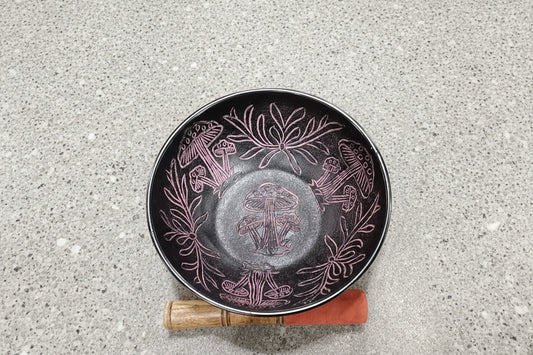 Black Aluminum Singing Bowl 7"-D W/Purple Mushroom inlay