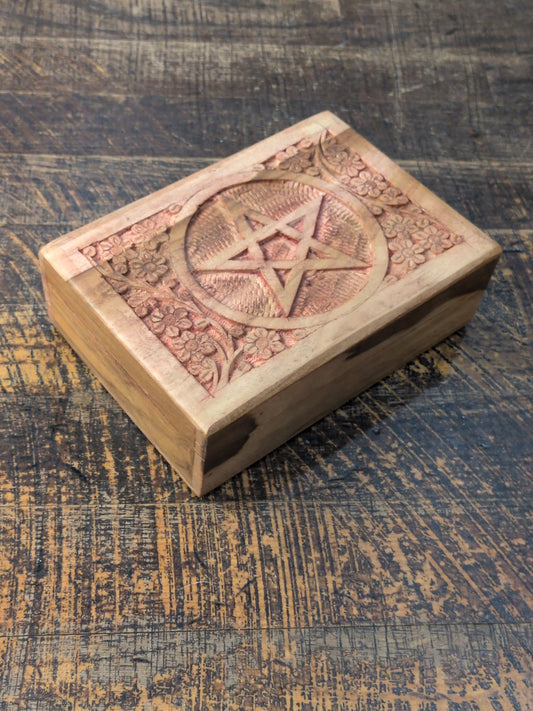 Carved Pentagram/Flowers wood Tarot storage box