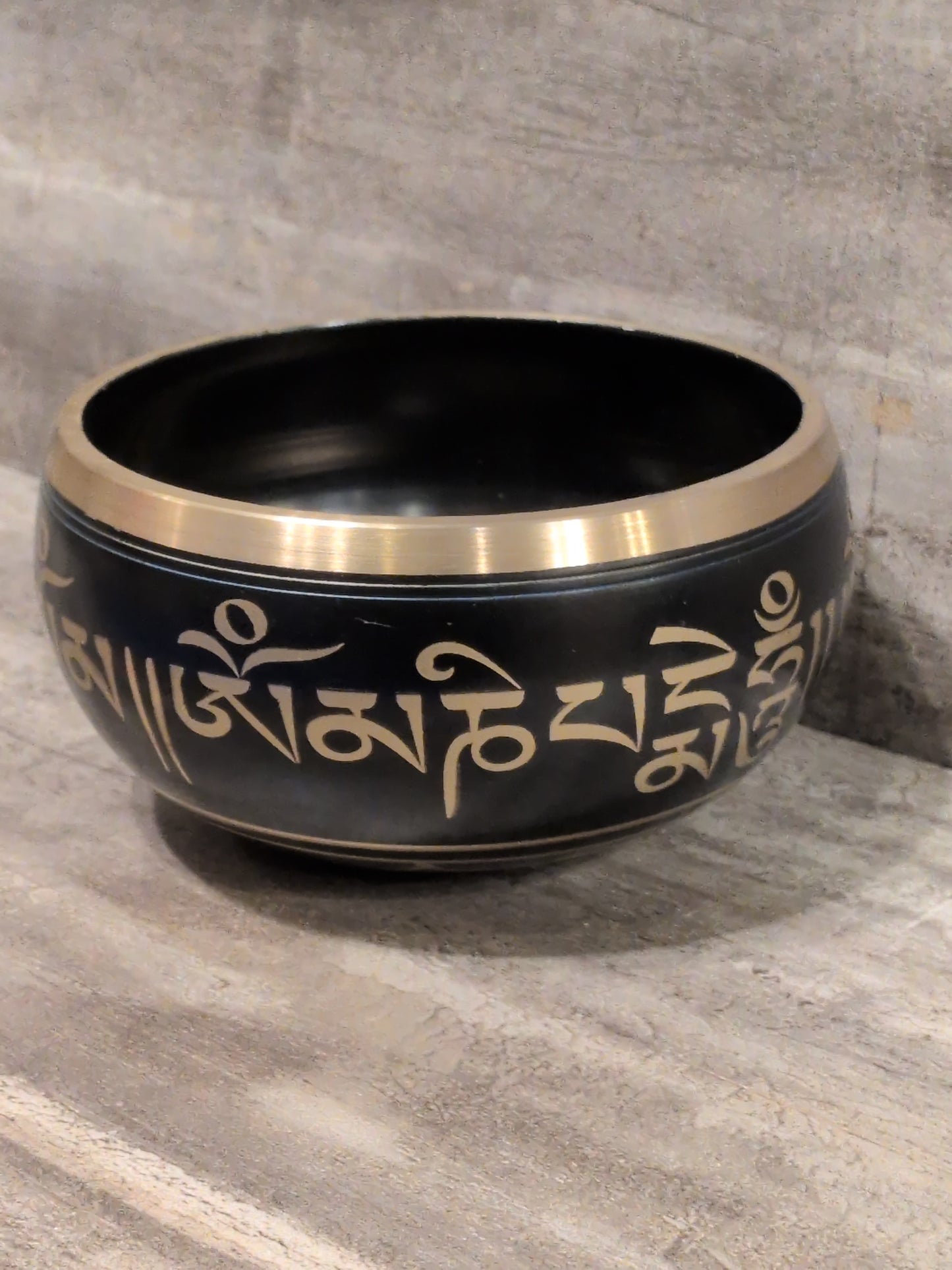 5" Om Black Painted Brass Tibetan Singing Bowl w/ striker