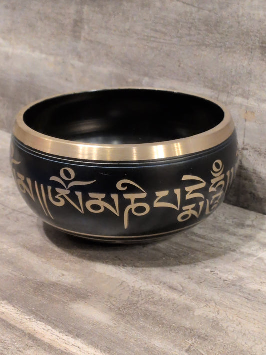 5" Om Black Painted Brass Tibetan Singing Bowl w/ striker