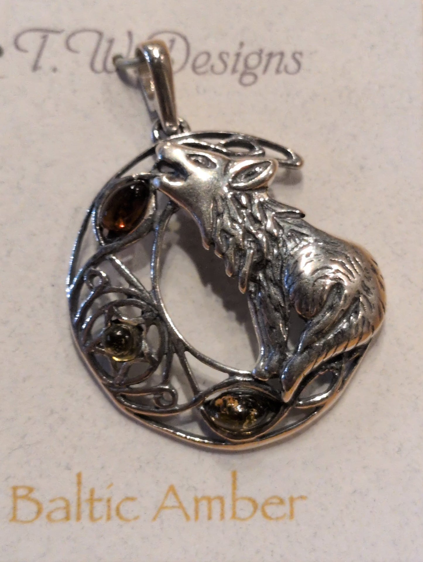 Wolf Moon w/ Baltic Amber Sterling Silver Pendant