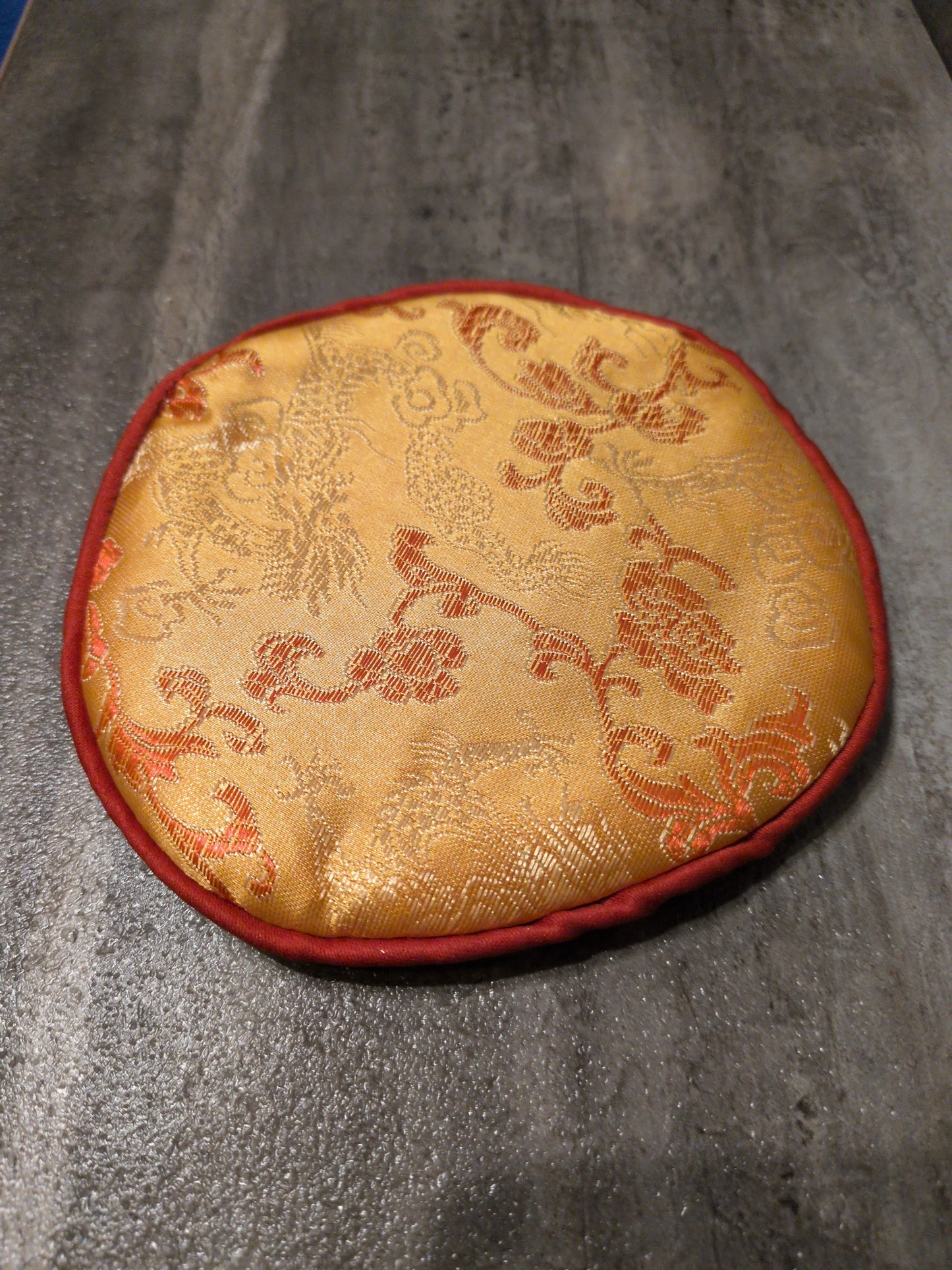 5" Singing Bowl Flat Round Pillow Yellow - Red trim